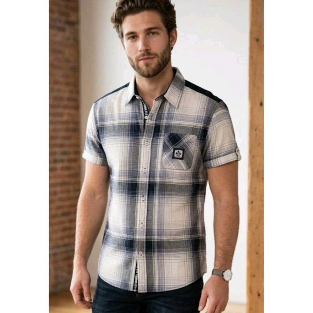 Born Fly Men's Size 2XL Button Fray Short Sleeve Pocket Stay Fly Embroidered